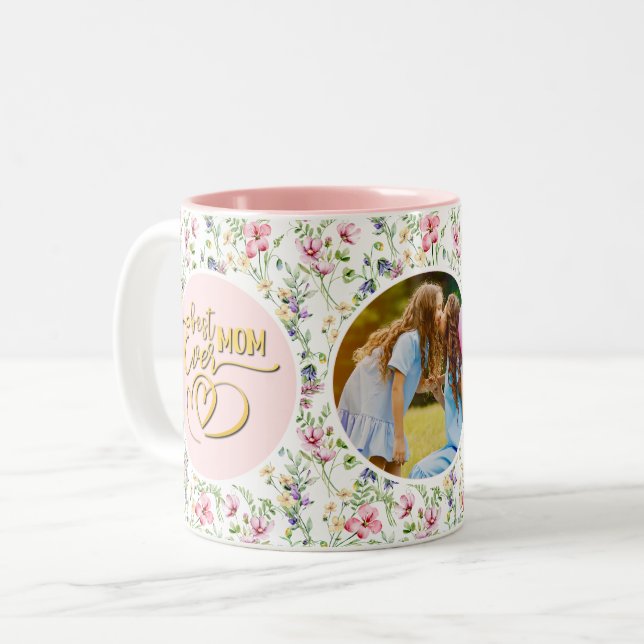 Best Mom Ever Floral Photo Mother's Day Two-Tone Coffee Mug (Front Left)