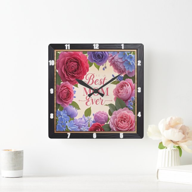 Best Mom Ever Floral Square Wall Clock (Home)