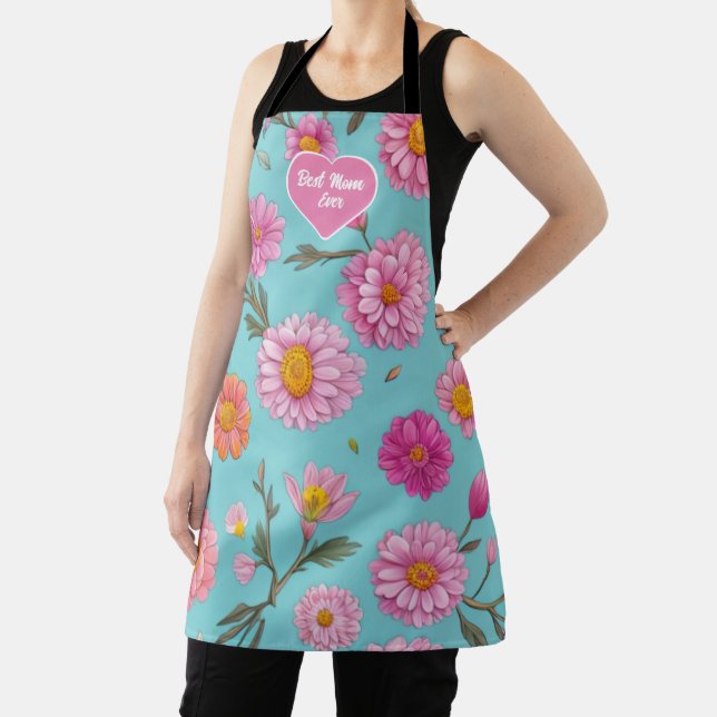 Best Mom Ever floral white daisies pink flowers Apron (Insitu)