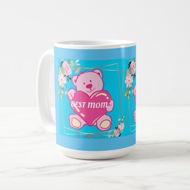 Best Mom Ever Florida Pink Teddy Bear Floral Blue Coffee Mug (Front Left)