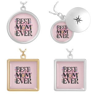 Best Mom Ever Flowers And Pink Heart Silver Plated Necklace