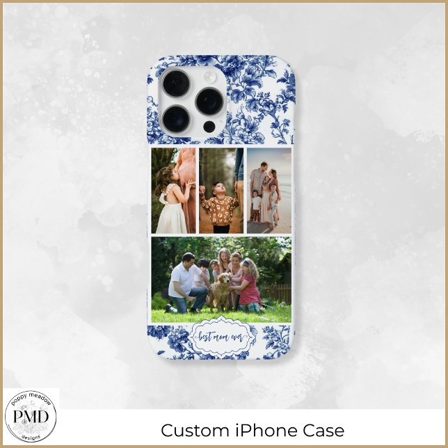 Best Mom Ever Four Photo Floral Blue Toile iPhone Case (Best Mom Ever Four Photo Floral Blue Toile iPhone Case with Optional Name or Initials.)