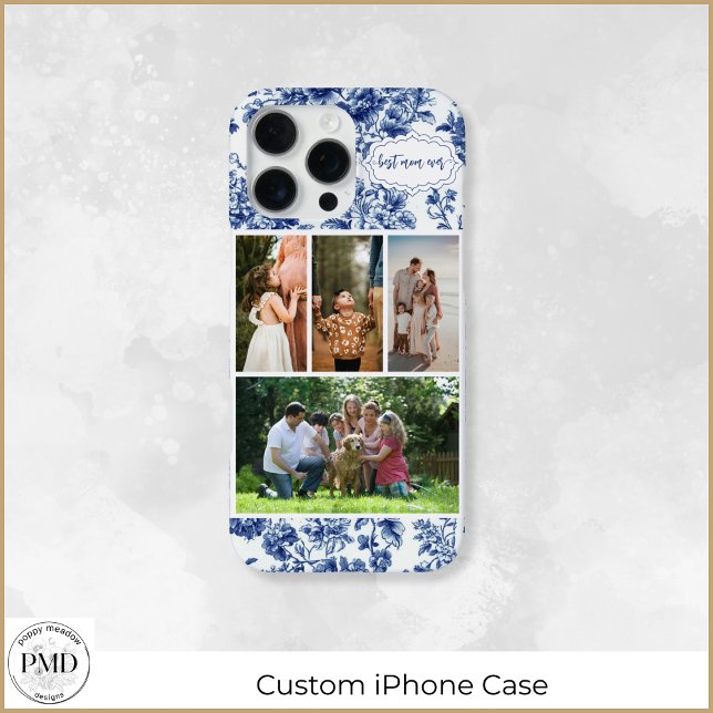 Best Mom Ever Four Photo Floral Blue Toile iPhone Case (Best Mom Evern Four Photo Floral Blue Toile iPhone Case with Optional Name or Initials.)