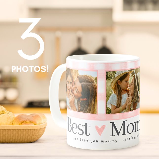 Best Mom Ever Gingham Hearts 3 Photo Mother's Day Coffee Mug (Creator Uploaded)