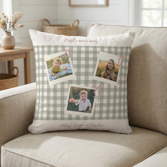 Best Mom Ever Gingham Photo Collage Throw Pillow (Creator Uploaded)