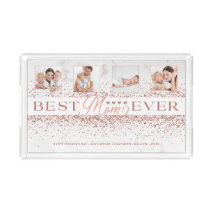Best Mom Ever Glitter 4 Photo Collage Mother's Day Acrylic Tray