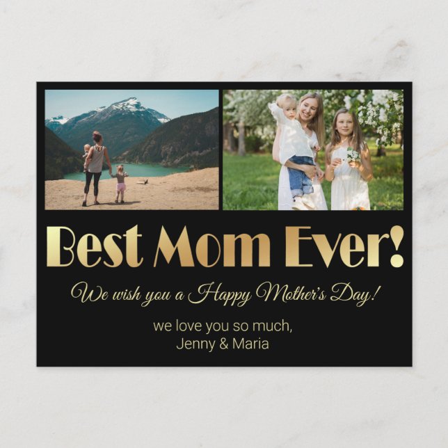 "best mom ever" gold black 2 photos collage  postcard (Front)