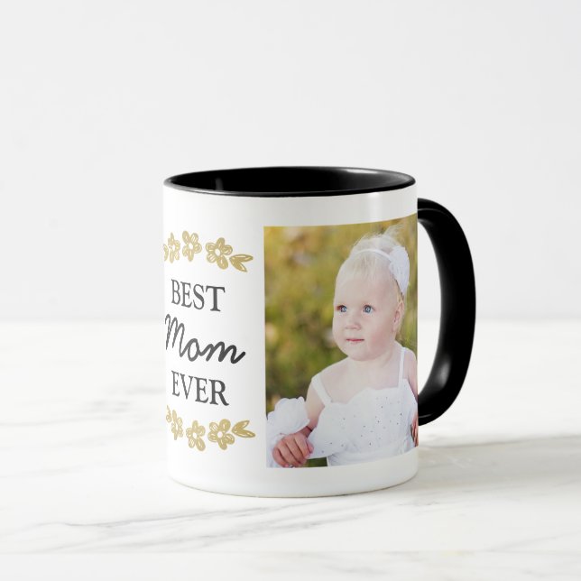 Best Mom Ever Gold Flowers Custom Photo Mug (Front Right)