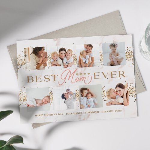 Best Mom Ever Gold Glitter 8 Photo Collage Card