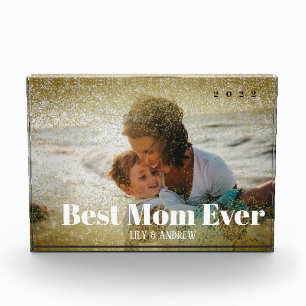 "BEST MOM EVER" Gold Glitter Overlay Photo Acrylic Award