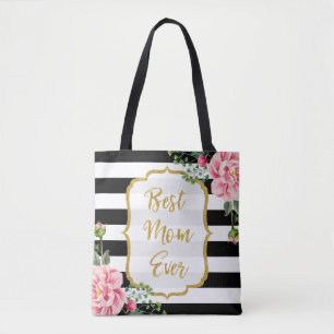 Best Mom Ever Gold Glitter Pink Flowers Stripes Tote Bag