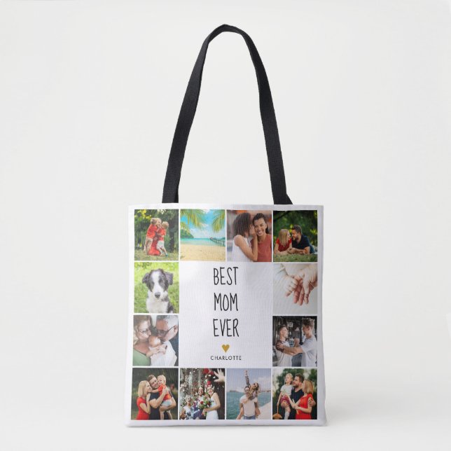 Best Mom Ever Gold Heart Photo Collage Tote Bag (Front)