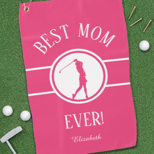 Best Mom Ever Golfer Sports Monogram Womens Pink Golf Towel