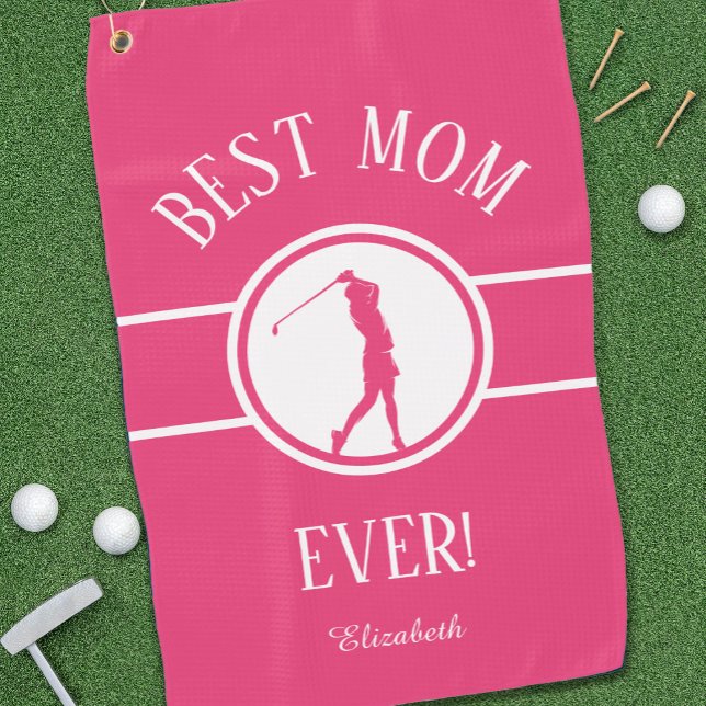 Best Mom Ever Golfer Sports Monogram Womens Pink Golf Towel (Creator Uploaded)