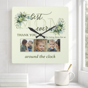 Best Mom Ever Greenery Photo Collage Custom Square Wall Clock