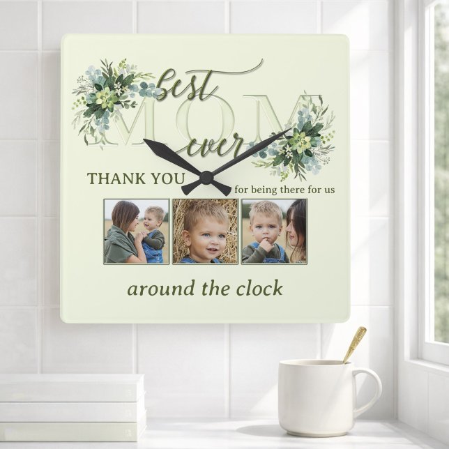 Best Mom Ever Greenery Photo Collage Custom Square Wall Clock (Elegant photo wall clock featuring a stylized Mom text with green watercolor leaves - gift for Mom)