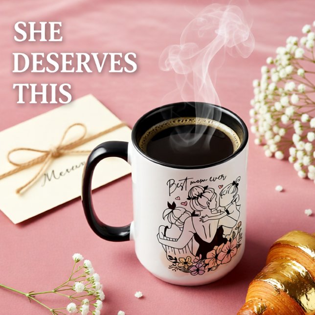 Best Mom Ever – Hand-Drawn Family with Flowers Mug (Best Mom Ever – Hand-Drawn Family with Flowers Mug)