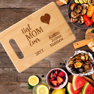 Best MOM Ever Heart and Kid's Names Year Engraved Cutting Board