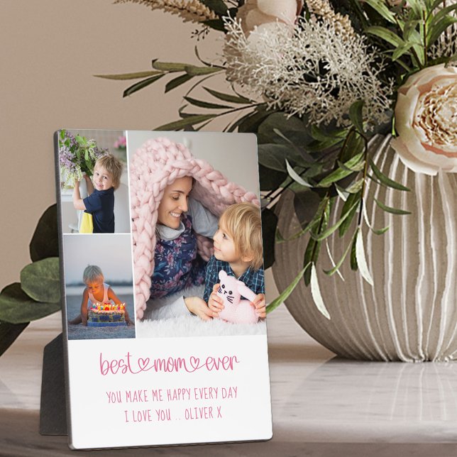 Best Mom Ever Heart Lettering Editable 3 Photo Plaque (Creator Uploaded)