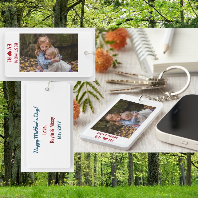 Best Mom Ever Heart Mother's Day Photo Keepsake Keychain (Best Mom Ever. Heart. Personalized photo keychain. Elegant modern minimalist Mother's Day bday gift)