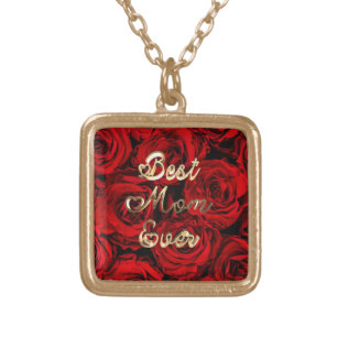 Best Mom Ever Hearts Red Roses Floral Gold Plated Necklace