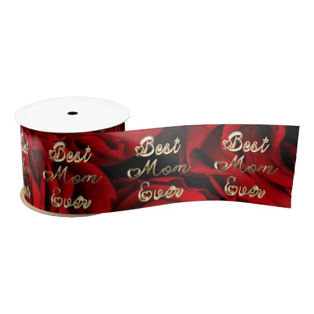 Best Mom Ever Hearts Red Roses Floral Satin Ribbon (Spool)