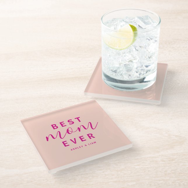 Best Mom Ever Hot Pink Script Mother's Day Glass Coaster (Angled)