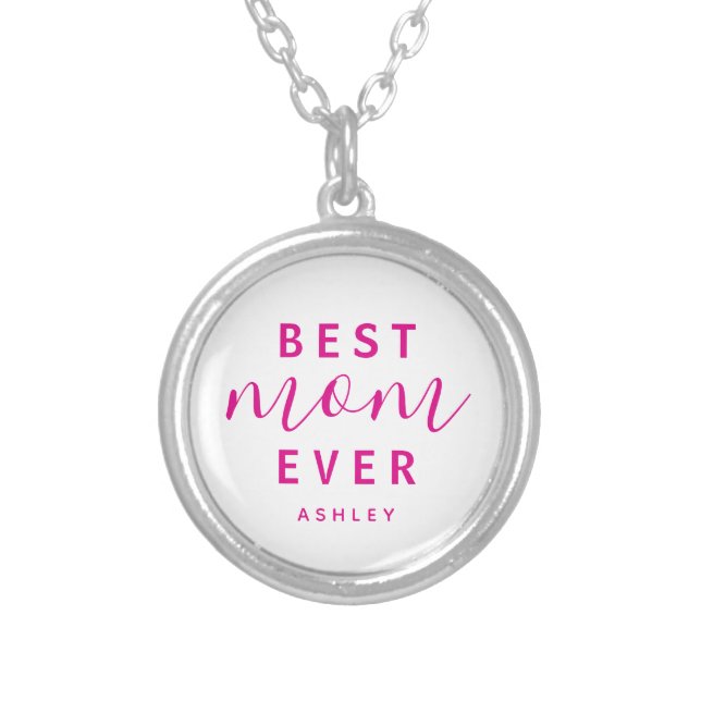 Best Mom Ever Hot Pink Script Mother's Day Silver Plated Necklace (Front)