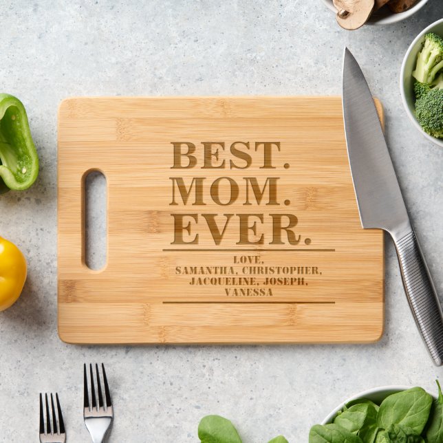 Best MOM Ever Kids Names Engraved Cutting Board (Kitchen Counter)