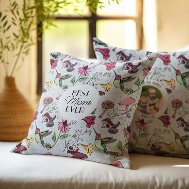 Best Mom Ever Light Blue Floral Hummingbird Throw Pillow (Chic Best Mom Ever Hand-Drawn Hummingbird, Flowers & Mushrooms. Custom Photo & 2 Personalized Texts.)