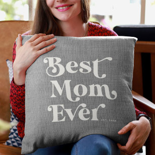 Best Mom Ever Modern Rustic Gray Linen Typography Throw Pillow