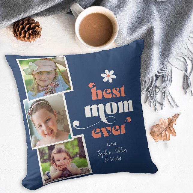 Best Mom Ever Modern Typography 3 Photo Throw Pillow (Creator Uploaded)