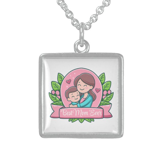 Best Mom Ever, Mom And Child, Custom Sterling Silver Necklace (Front)