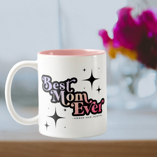 Best Mom Ever Mommy Kids Name Retro Pink Two-Tone Coffee Mug (Creator Uploaded)