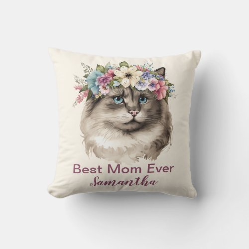 Best Mom Ever Monogram Name Watercolor Floral Cat Throw Pillow