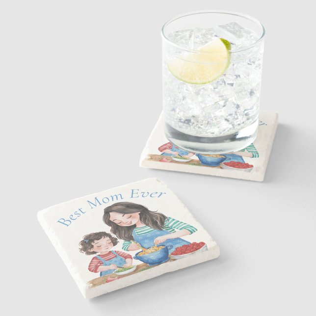 Best Mom Ever Mother & Child Food Prepping Design Stone Coaster (Creator Uploaded)