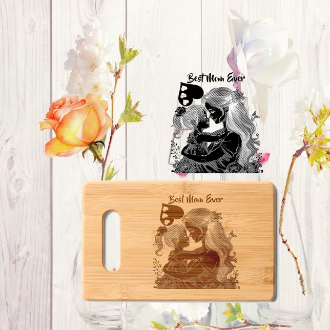 Best Mom Ever Mother Daughter Loving Heart Photo Engraved Cutting Board (Best Mom Ever Mother Daughter Loving Heart Photo Cutting Board)