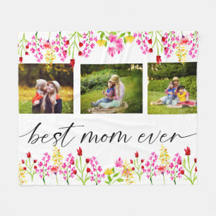 Best Mom Ever Mother's Day Photo Collage Floral Fleece Blanket