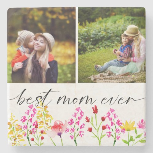 Best Mom Ever Mothers Day Photo Collage Floral   Stone Coaster