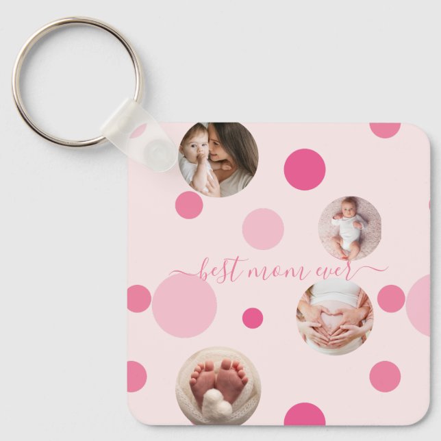 Best Mom ever Mother's Day Photo Pink polka Dots Keychain (Front)