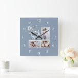Best Mom Ever Mum 3 Photos Script Dusty Blue Square Wall Clock<br><div class="desc">A modern photo collage design,  simply upload your 3 three favorite photos to replace the sample ones which are alongside the elegant script Best Mom (Mum) Ever with heart motif to represent the O or U in mom or mum,  on a dusty blue background.</div>