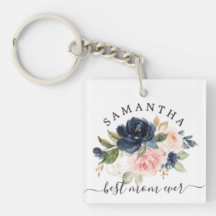 Best Mom Ever Navy Pink Watercolor Gold Floral Keychain
