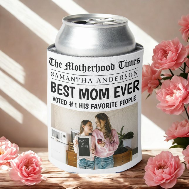Best Mom Ever Newspaper Custom Name & Photo Can Cooler (Creator Uploaded)