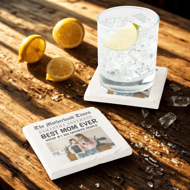 Best Mom Ever Newspaper  Custom Name & Photo Stone Coaster (Creator Uploaded)