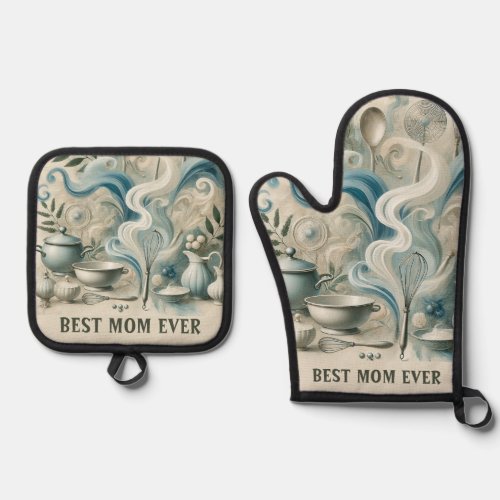 BEST MOM EVER or Your Text Oven Mitt  Pot Holder Set