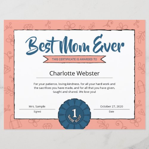 Best Mom Ever Parent Certificate Mothers DayAward