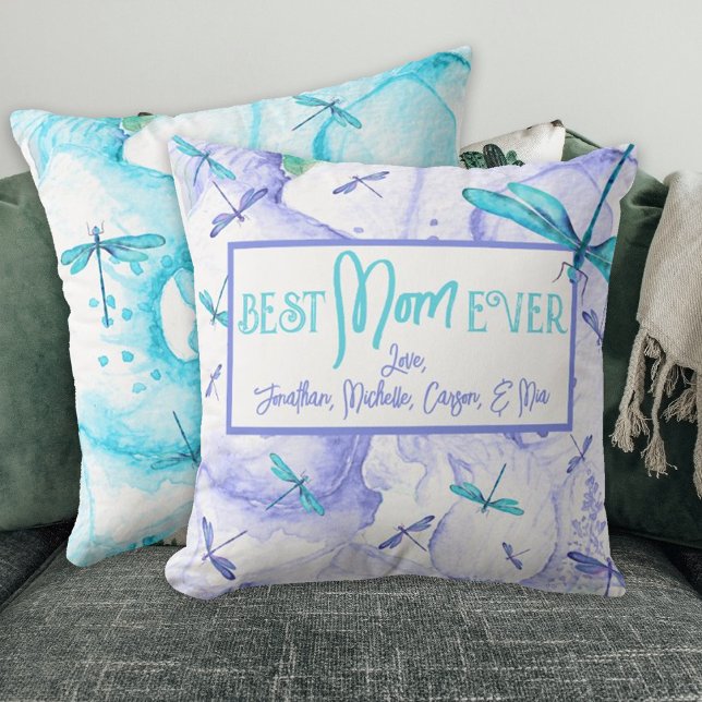 Best Mom Ever Personalized Blue Turquoise Throw Pillow (light blue and turquoise dragonflies, best mom ever mother's day throw pillow with kid's names)
