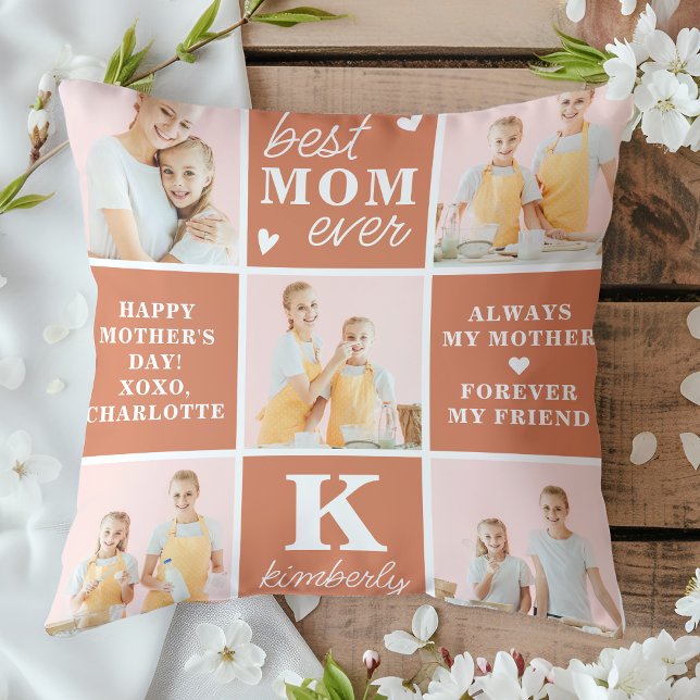Best MOM Ever Personalized Monogram Photo Collage Throw Pillow (Creator Uploaded)