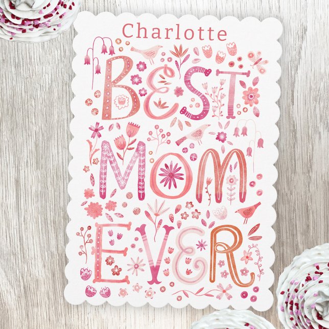 Best Mom Ever Personalized Mothers Day Card (Best Mom Ever personalized name Mother's Day card with watercolor hand lettering)