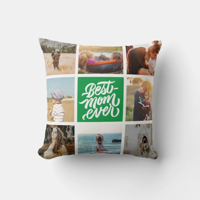 Best Mom Ever Personalized Photo Collage Green Throw Pillow (Front)